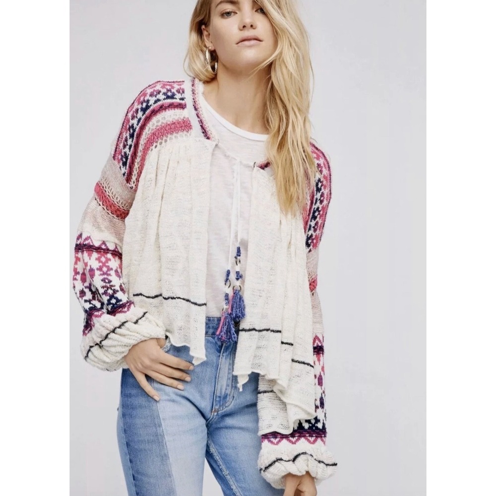 Free People Dreamland Linen Blend Mixed Knit Tassel Tie Cardigan Sweater Pink